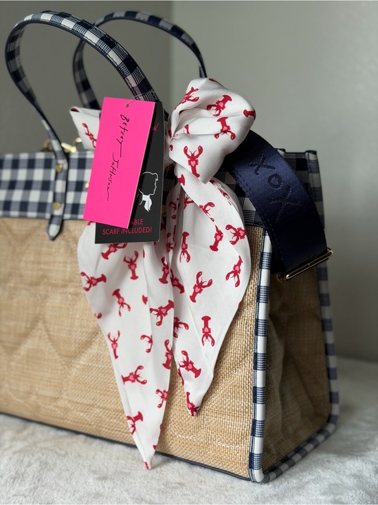 Betsey Johnson Handbags - Betsey Johnson Navy blue Gingham quilted heart Straw Tote lobster scarf